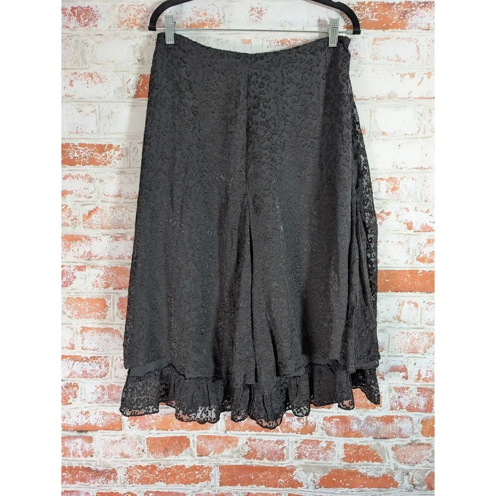 Laura Ashley Midi Skirt Womens 8 Black Silk Blend Jacquard Lace Ruffle Hem